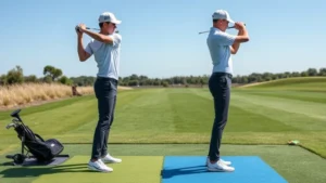 Professional golfer demonstrating proper golf stance and posture during driver swing setup on well-maintained practice range with clear blue sky background