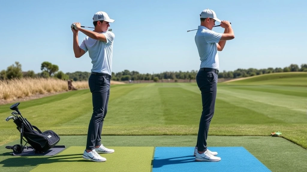 Professional golfer demonstrating proper golf stance and posture during driver swing setup on well-maintained practice range with clear blue sky background