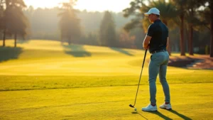 Golfer in perfect stance address position on manicured fairway, morning sunlight, focused expression, professional form demonstration without text or instruction markers