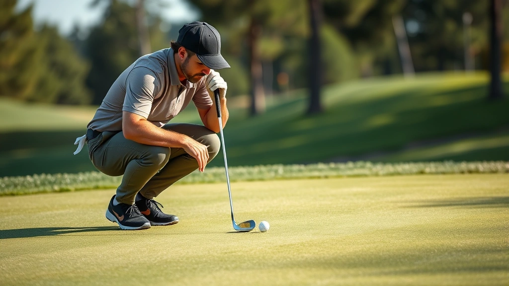 Golfer analyzing and reading green contours while crouching beside putting line on manicured putting surface during daytime round