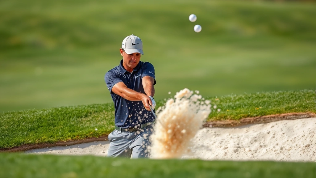 Golfer executing bunker shot with sand explosion visible, demonstrating proper bunker technique with focused concentration and athletic stance