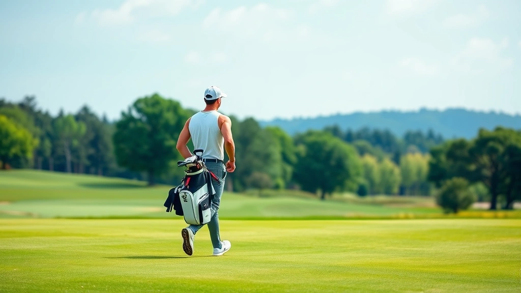 Golfer walking fairway carrying golf bag during scenic course round, lush green landscape with trees, peaceful natural setting, athletic stride, no scorecard or numbers visible
