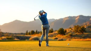 Golfer mid-swing on fairway with mountains and natural landscape in background, golden hour lighting, scenic golf course setting