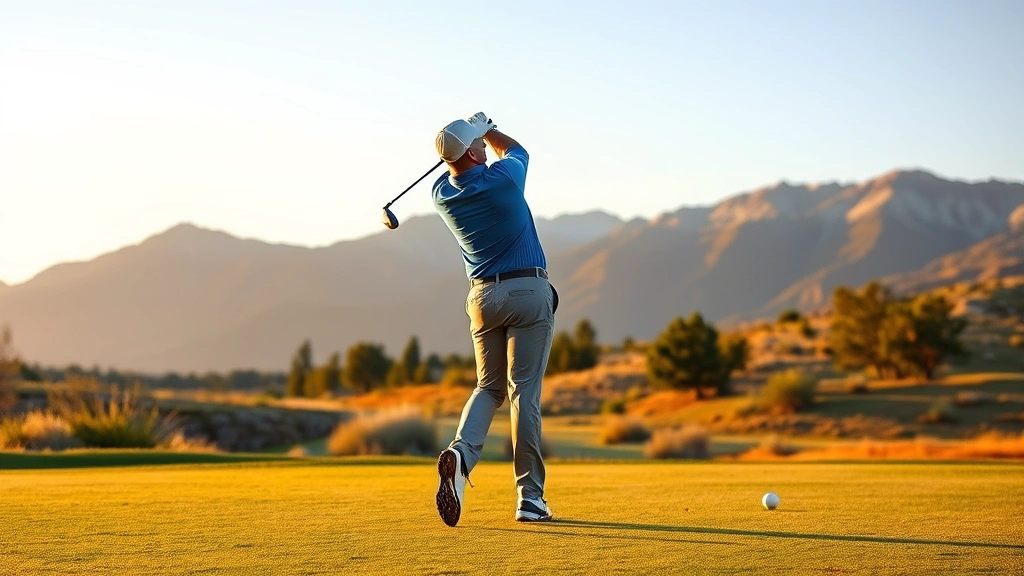 Golfer mid-swing on fairway with mountains and natural landscape in background, golden hour lighting, scenic golf course setting