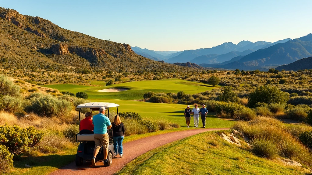 Golfers walking on cart path with scenic valley backdrop, multiple players enjoying golf experience, natural terrain and vegetation surrounding course