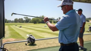 Golfer practicing swing mechanics at driving range with focused concentration, professional golf instructor observing in background, clear sunny day, well-maintained practice facility with multiple hitting stations