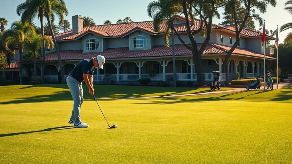 Golfer practicing chip shots on manicured practice green near clubhouse, sunny California morning, realistic lighting