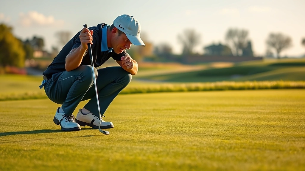 Golfer reading putting green on course, crouched down analyzing break, holding putter, manicured green with flag stick, peaceful course setting with natural morning or afternoon light