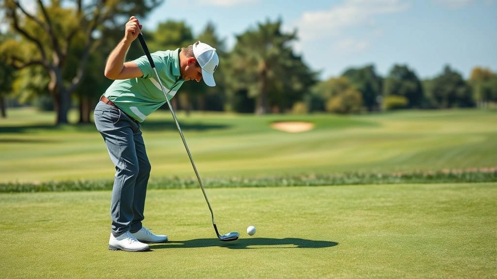 Golfer reading green break before putting, focused concentration, professional stance, realistic golf conditions