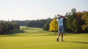 Golfer mid-swing at Saratoga Spa Golf Course with manicured fairway and tree-lined holes visible in background, professional golf photography style