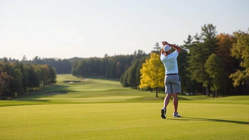 Golfer mid-swing at Saratoga Spa Golf Course with manicured fairway and tree-lined holes visible in background, professional golf photography style