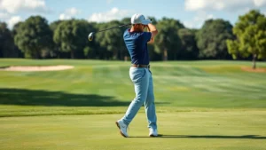 Golfer in perfect follow-through position on manicured fairway with trees and blue sky background, professional stance and form