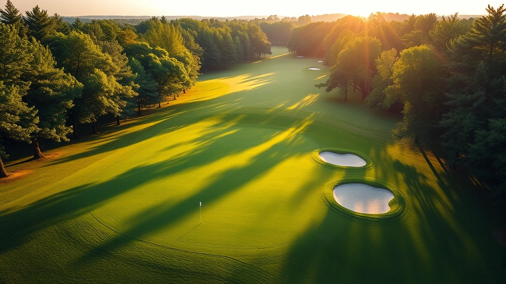 Aerial view of scenic golf course fairway with mature trees lining both sides, green grass in morning sunlight, sand bunkers visible, upstate New York landscape, photorealistic