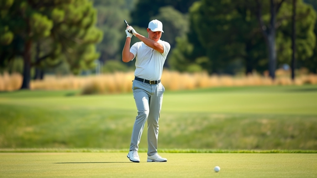 Golfer in proper stance and posture on a golf course fairway, demonstrating correct body alignment and positioning, natural daylight, focused expression, grass and trees in background