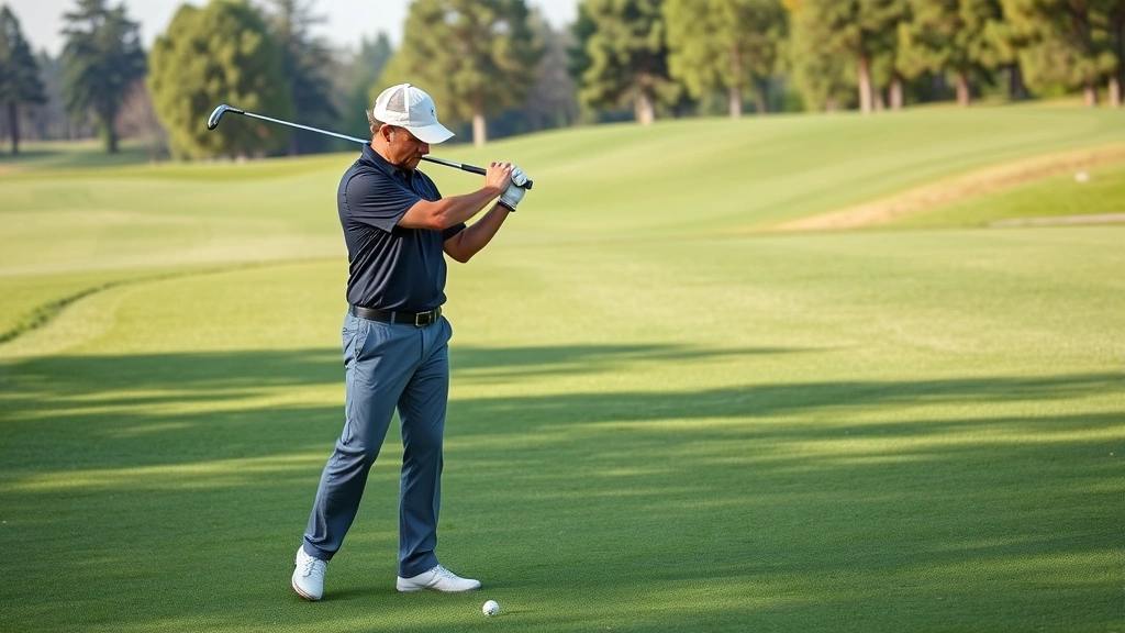 Professional golf instructor providing personalized swing coaching to adult student on championship course fairway, demonstrating proper technique with golf club, natural lighting, morning session