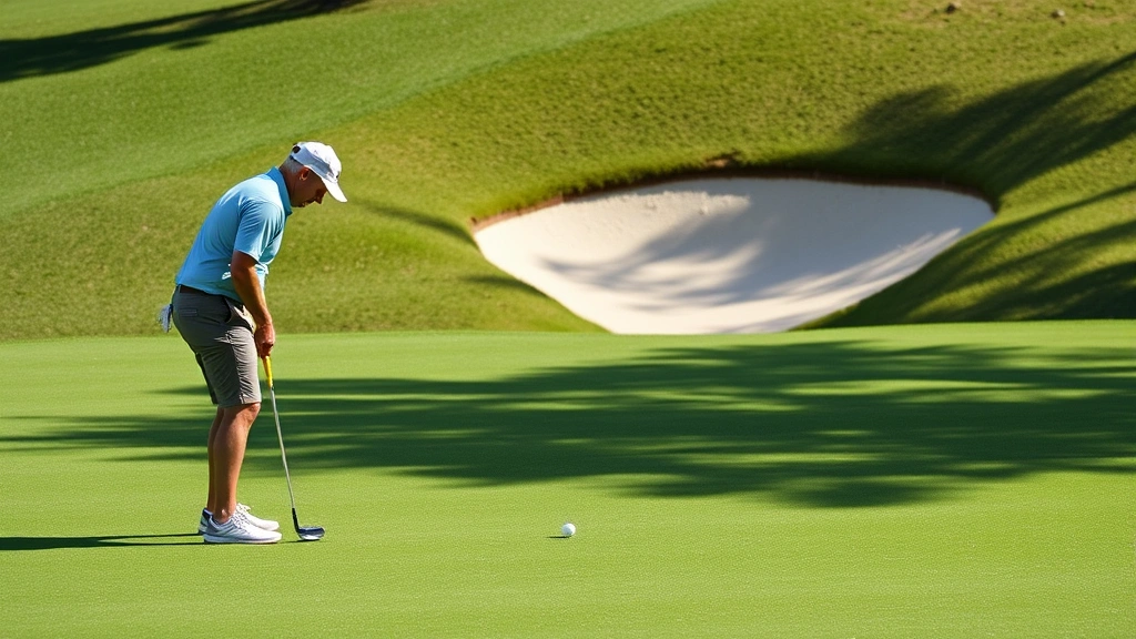 Golfer practicing short game on putting green, focused concentration, varied elevations and contours visible, natural daylight with realistic shadows