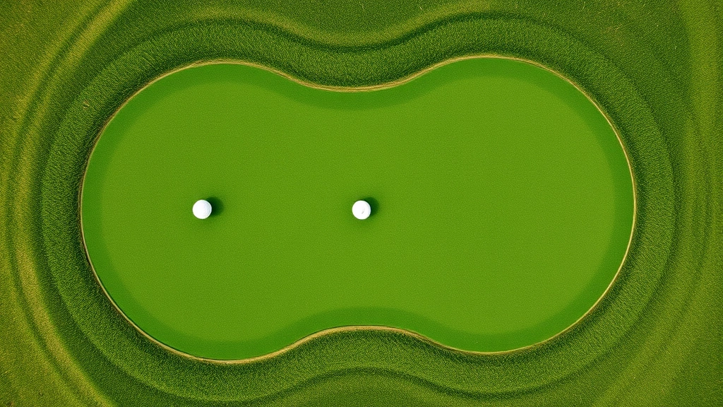 Overhead view of practice putting green with multiple golf balls positioned on slopes, natural grass surface with undulating terrain