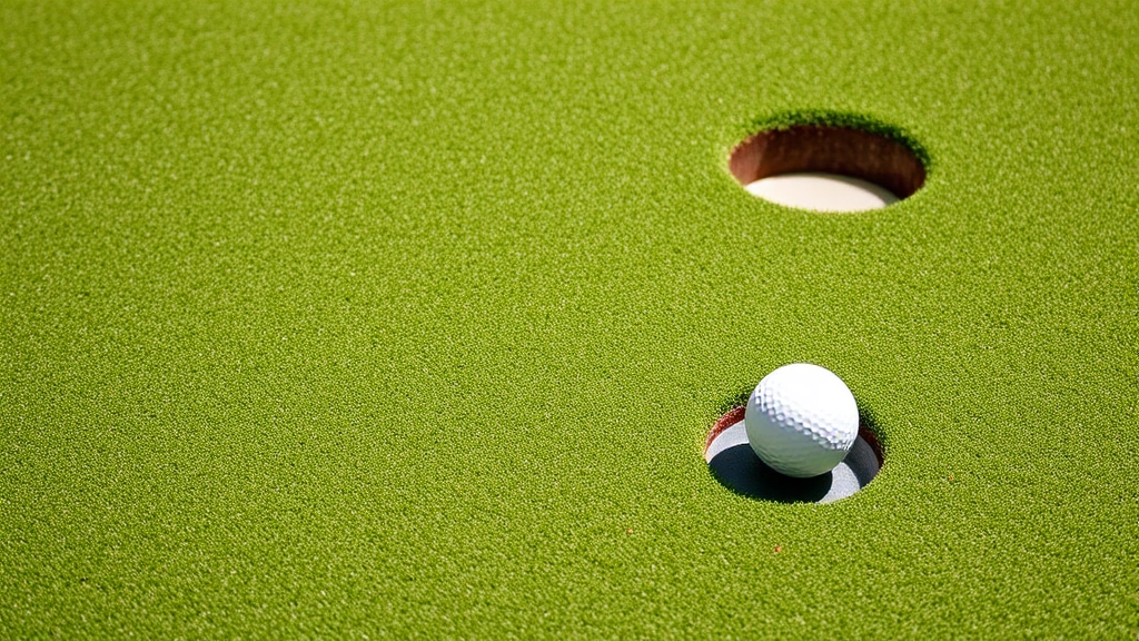 Close-up of well-maintained putting green with subtle contours, golf ball positioned near hole, professional greenskeeping quality, natural daylight, no text visible