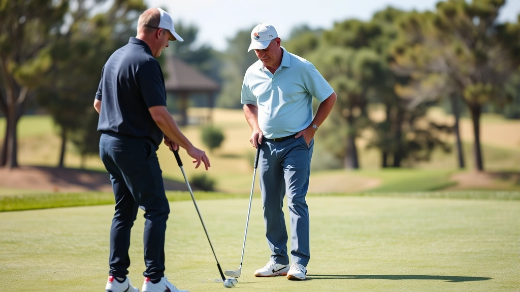 Golf instructor providing guidance to adult student on putting green, showing hand positioning and technique, outdoor course setting, clear demonstration of instruction methods