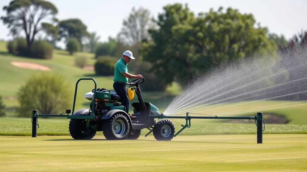 Golf course superintendent operating precision irrigation equipment on manicured fairway, showing turf management and course maintenance technology, professional worksite atmosphere