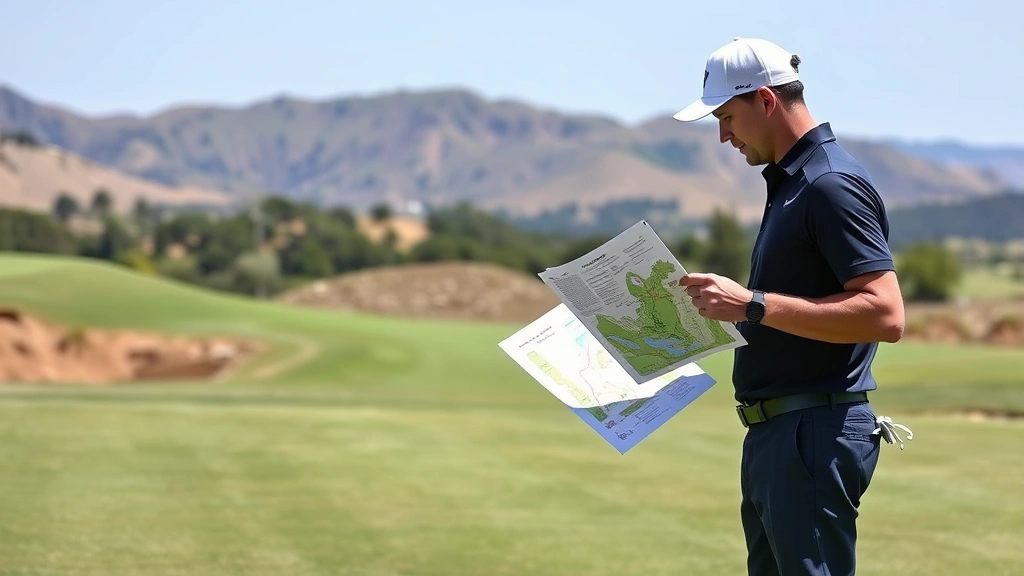 Golfer analyzing course strategy on fairway, studying wind and terrain, course map in hand, scenic landscape with elevation changes in background
