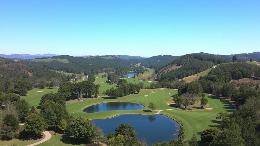 Elevated view of Saratoga Spa Golf Course showing multiple holes with water feature, tree canopy, and rolling terrain under clear sky