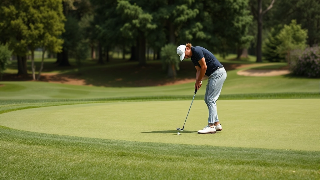 Golfer executing chip shot from rough near green, lush grass and natural landscape, focused form and proper technique demonstration