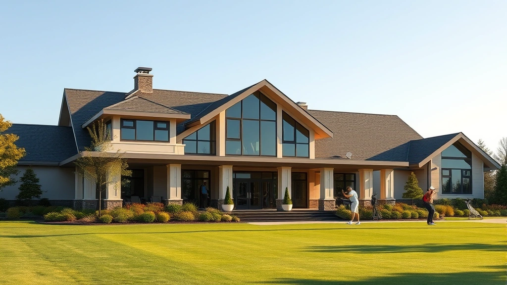 Modern golf clubhouse exterior with professional architecture, manicured landscaping, clear day, welcoming entrance, golfers in background preparing for play, photorealistic outdoor setting