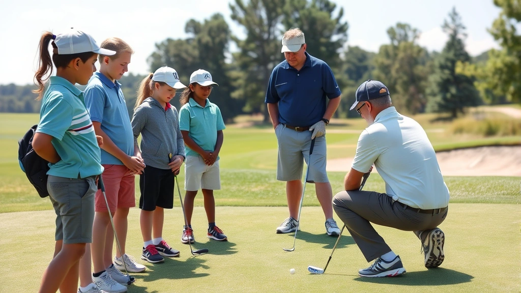 Young golfers participating in group instruction clinic at championship golf course, diverse students learning putting techniques on practice green with instructor demonstration