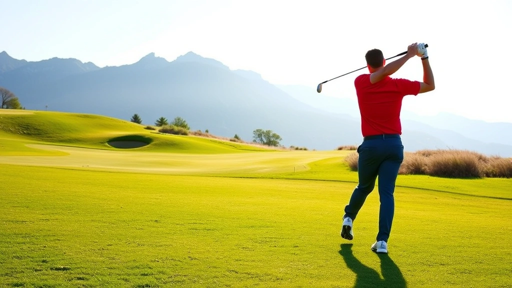 Professional golfer mid-swing on pristine fairway with mountain backdrop, morning light, clear sky, vibrant green grass