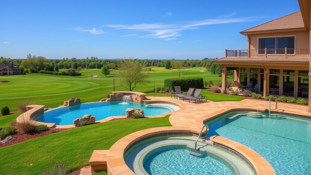 Luxury spa resort with golf course visible, mineral spring pool area, manicured landscaping, peaceful natural setting