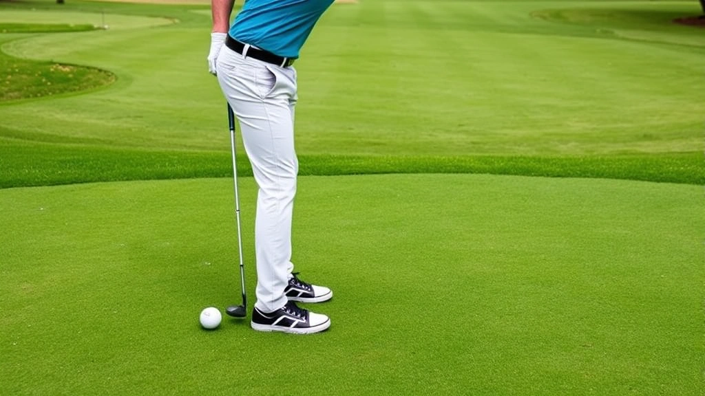 Professional golfer demonstrating proper golf stance and posture on a lush green fairway, showing athletic positioning with flexed knees and proper spine alignment