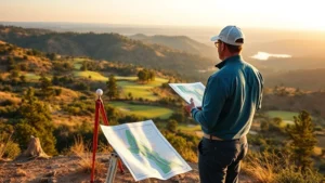 Professional golf course architect examining landscape terrain with survey equipment and topographic maps, standing on an elevated viewpoint overlooking a partially designed course layout with natural rolling hills, trees, and water features visible in the background during golden hour lighting