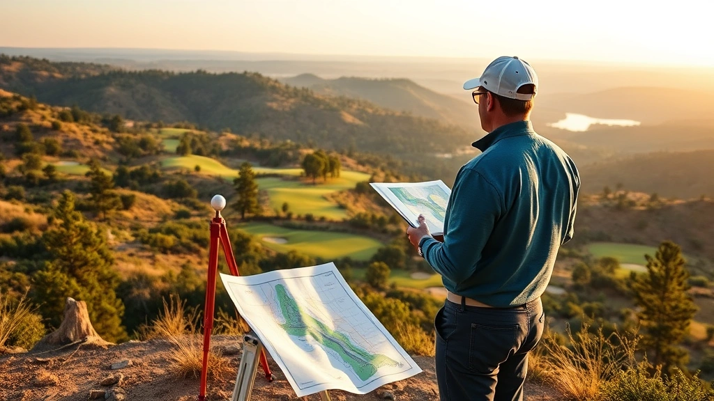 Professional golf course architect examining landscape terrain with survey equipment and topographic maps, standing on an elevated viewpoint overlooking a partially designed course layout with natural rolling hills, trees, and water features visible in the background during golden hour lighting