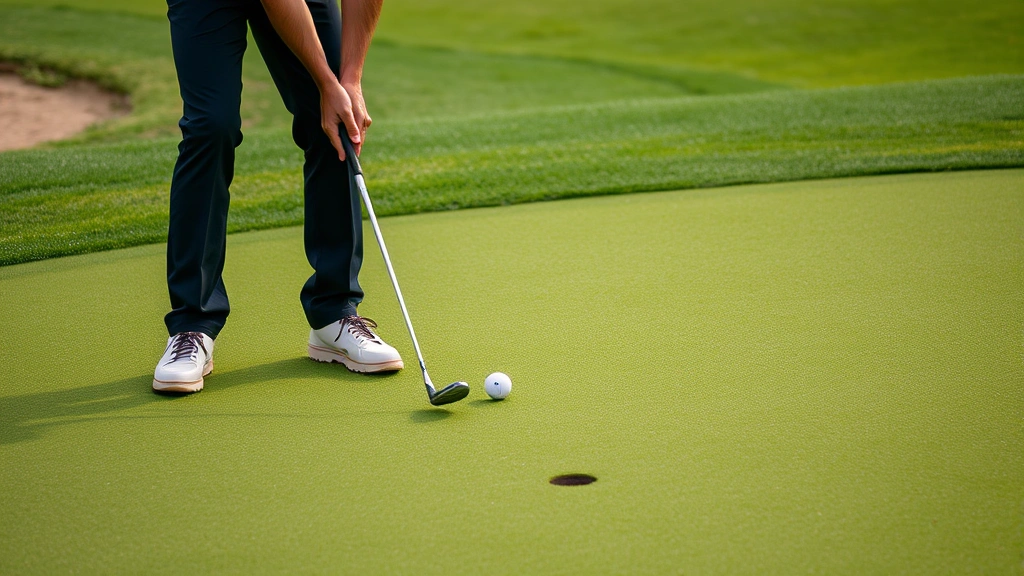 Golfer practicing short game shots on a practice green, chipping from various distances with focus and concentration, multiple golf balls scattered on the green