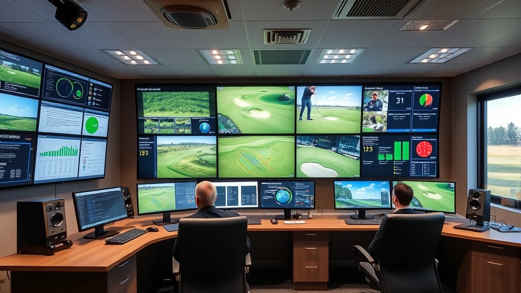 Modern irrigation system control center with digital displays showing water management data, soil moisture sensors, and weather analytics for optimizing golf course maintenance, professional facility with technical equipment and monitoring screens
