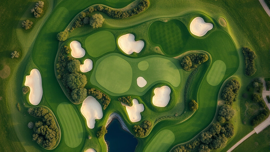 Aerial view of a completed championship golf course showing intricate hole design with strategic bunker placement, manicured fairways, natural vegetation, water hazards, and elevation changes creating a visually compelling layout from above