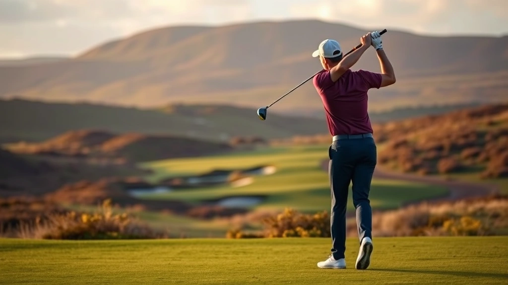 Professional golfer executing a precision iron shot on a Scottish golf course with rolling hills and bunkers visible in the background during golden hour lighting