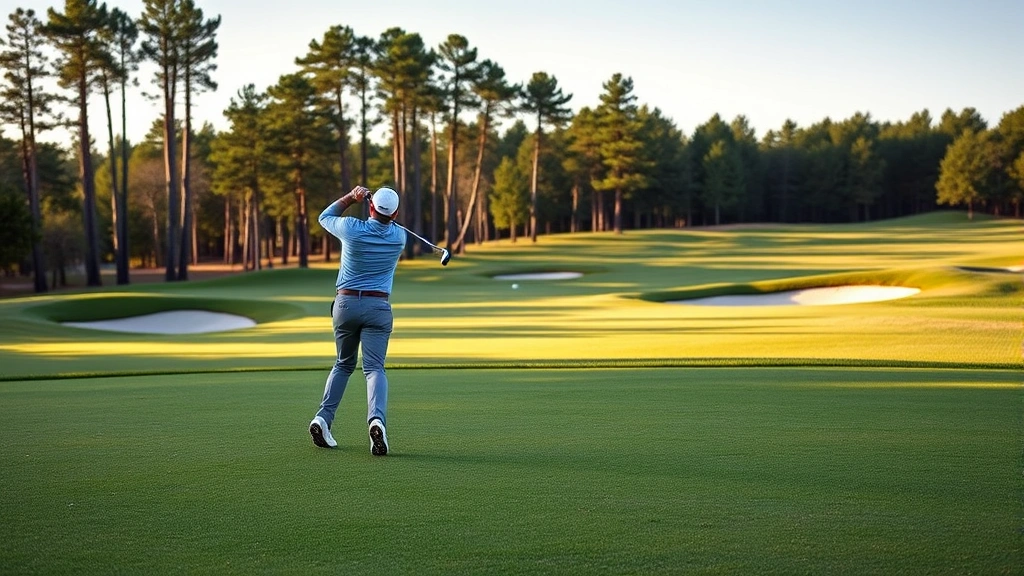 Golfer in mid-swing on manicured fairway with bunkers and trees visible in background, morning light, professional golf course setting