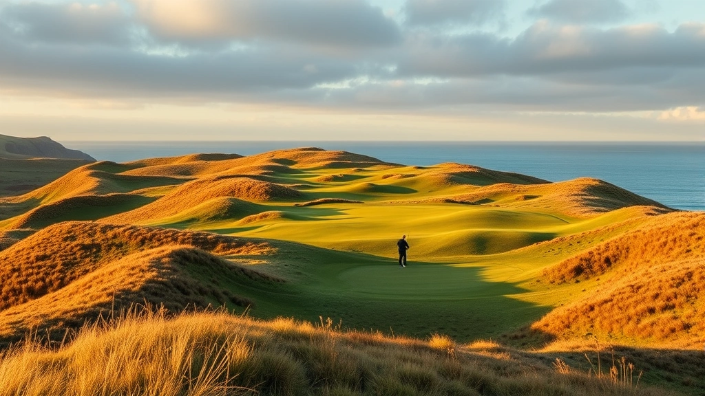 Scenic Scottish coastal golf course with rolling hills, natural bunkers, and sea views, golden hour lighting, golfers in distance playing traditional links course