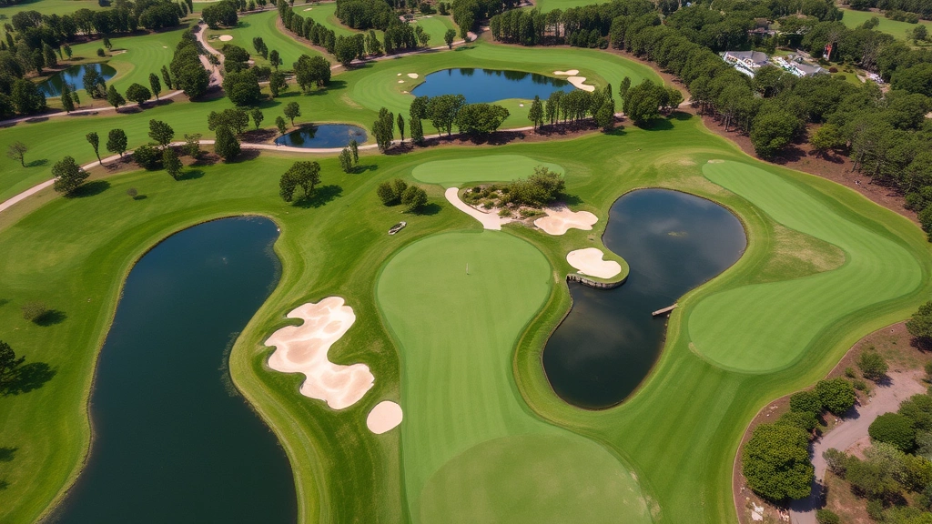 Aerial view of a beautifully maintained 18-hole golf course with manicured fairways, bunkers, and water features surrounded by natural landscape and trees