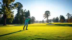 Professional golfer mid-swing on manicured fairway with trees and sand bunkers visible, morning light, lush green grass and clear blue sky