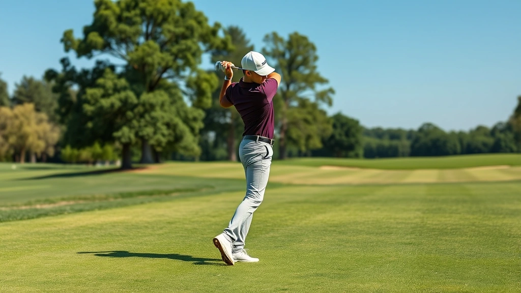 A beginner golfer in proper stance position on a lush fairway, mid-swing with excellent posture and balance, natural daylight, green grass and clear sky visible