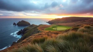 Panoramic view of Scottish coastal golf course with dramatic cliffs overlooking the North Sea, native grasses swaying, golfers walking fairway, golden hour lighting, moody Scottish sky