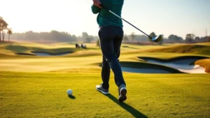 Professional golfer mid-swing on manicured fairway with bunkers and water hazard visible, morning sunlight, lush green grass, clear sky, photorealistic golf course landscape