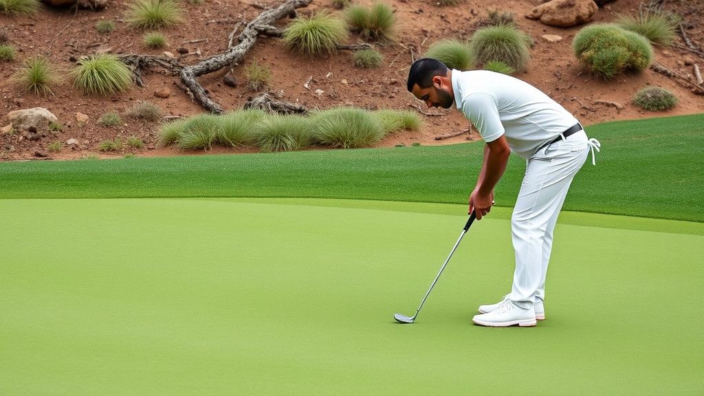Golfer reading the green with careful posture and concentration, examining the slope and break pattern on a well-maintained putting surface with natural terrain