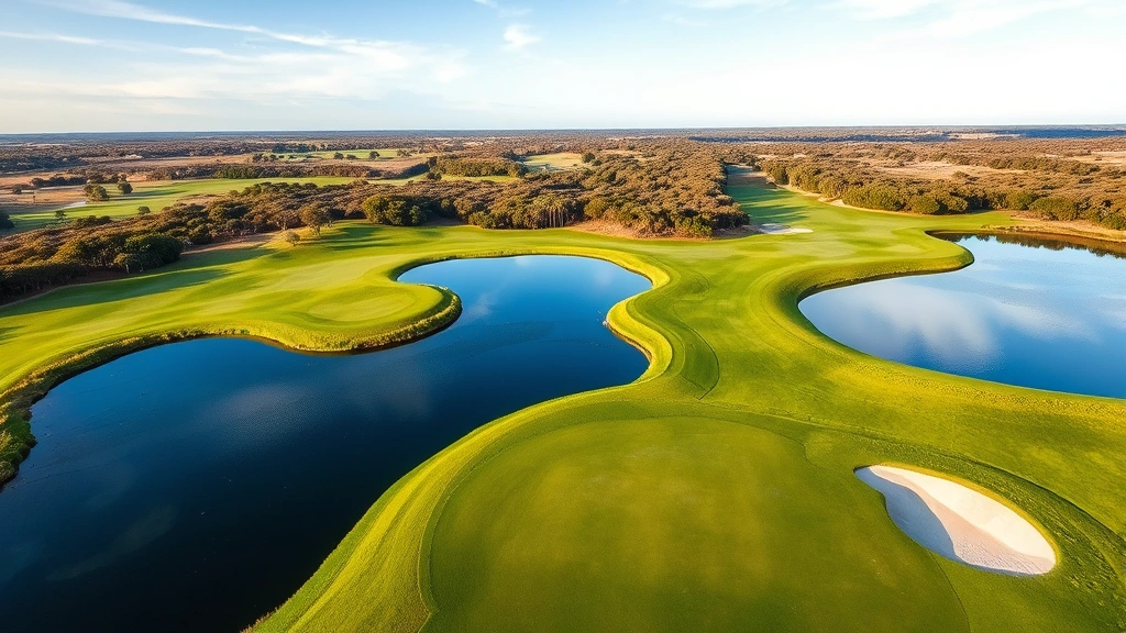 Aerial view of golf course hole with water hazard reflecting sky, green surrounded by bunkers, landscape design visible