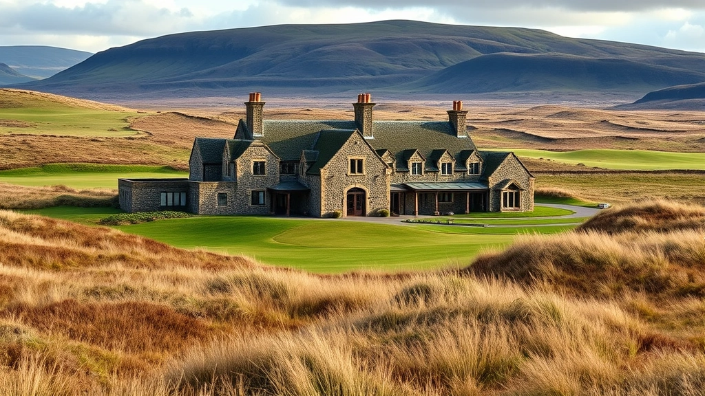 Historic Scottish golf clubhouse with stone architecture surrounded by undulating fairways, native grasses, and windswept landscape, authentic heritage setting