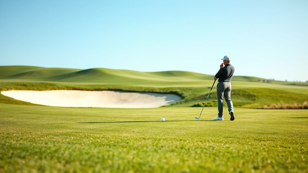 Close-up of a golfer in proper stance addressing the ball on a pristine fairway with undulating terrain and strategic bunker placement visible
