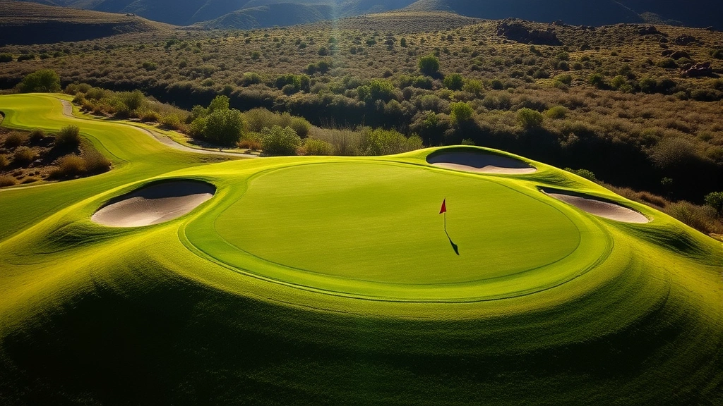 Elevated green with water hazard reflecting sunlight, well-maintained bunkers surrounding putting surface, scenic landscape background with native vegetation